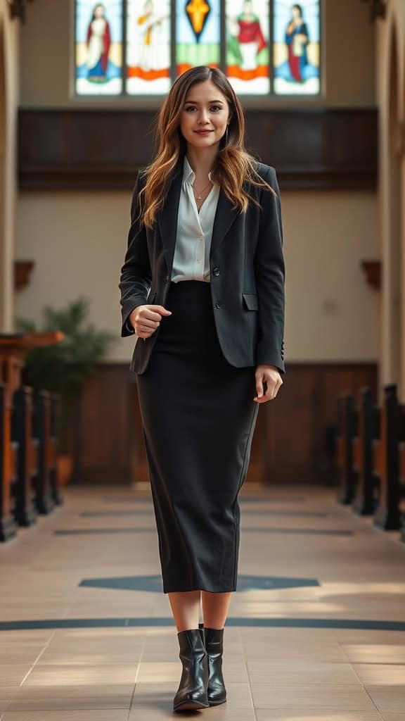 A woman in a tailored blazer with a pencil skirt, walking confidently in a church interior.