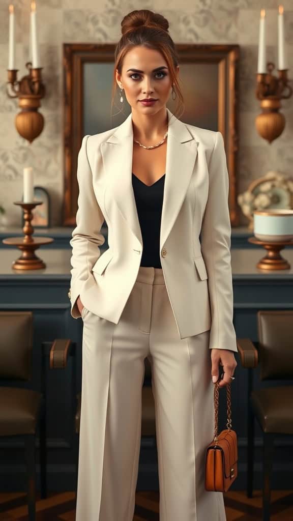 A mannequin wearing a structured brown blazer and wide-leg pants, styled with a white shirt.