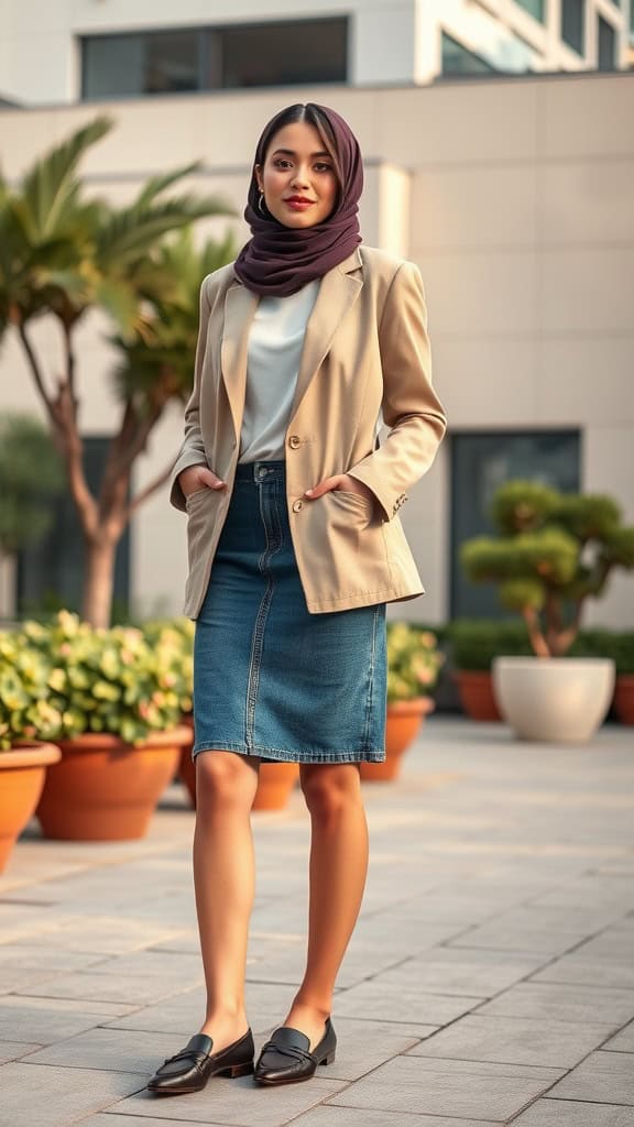 A woman wearing a blazer and denim skirt, standing outdoors with a modern background.