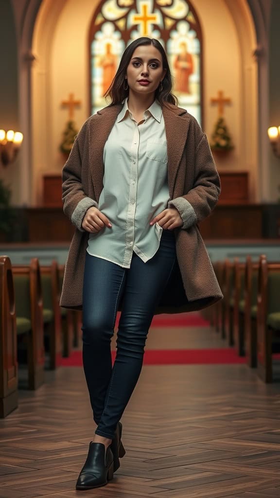 A woman in dark jeans and a tailored blouse stands in a church setting, exuding a polished and chic look.