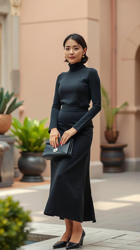 A woman in a black turtleneck and midi skirt holding a structured handbag, set in an elegant outdoor space.