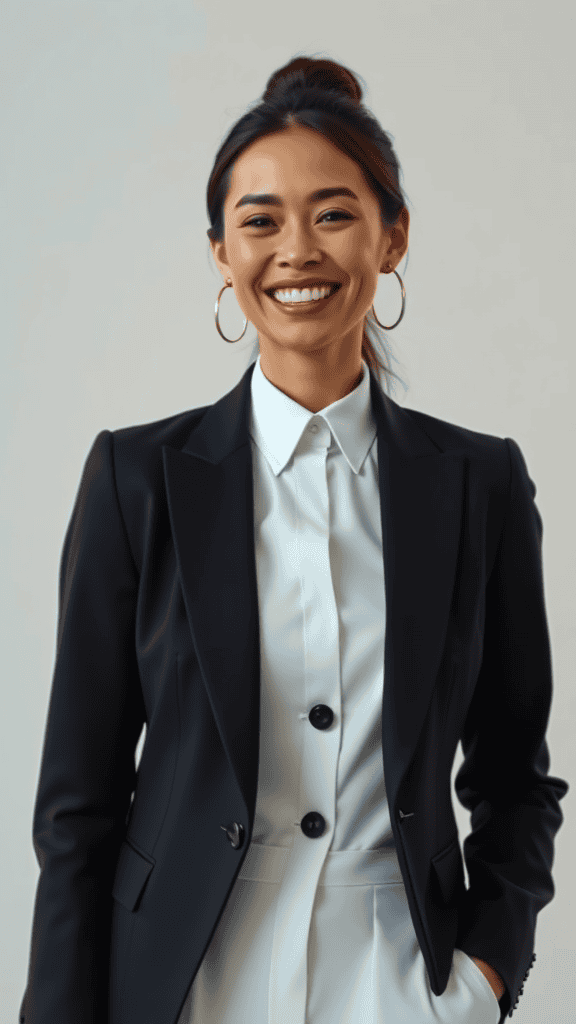 A woman in a polished monochrome suit, with a stylish handbag, showcasing a professional look in a tailored outfit