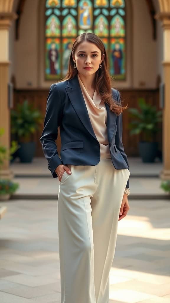 A woman wearing a tailored navy blazer with white slacks and a pastel blouse stands confidently in a church setting, with stained glass windows in the background.