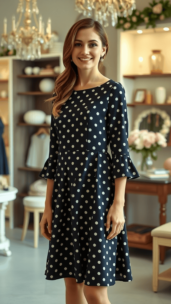 A-line polka dot dress with three-quarter sleeves displayed in a stylish setting.