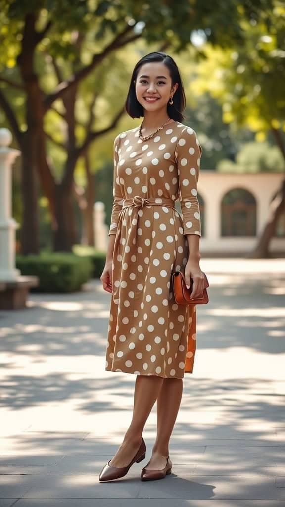 A woman wearing a tan polka dot dress and brown flats, smiling in a park setting.