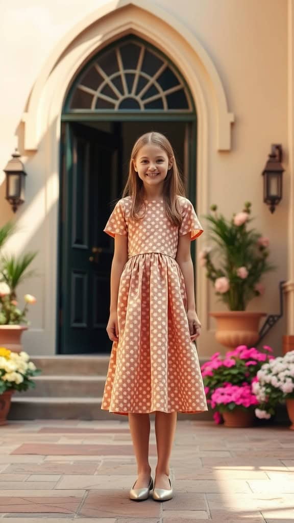 A girl wearing a peach polka dot dress with a flared skirt and flats, smiling in front of a house entrance surrounded by flowers.