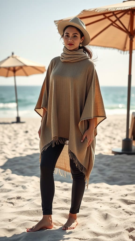 A woman wearing a poncho cover-up and leggings at the beach, embodying a relaxed and modest beach outfit.