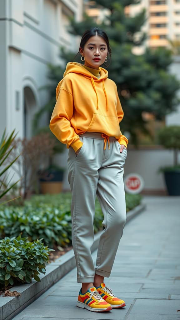 A young woman wearing a neon yellow hoodie, grey joggers, and colorful sneakers stands in an outdoor space.