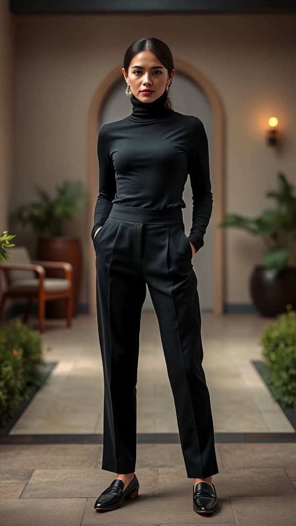 A woman wearing a black turtleneck, tailored trousers, and loafers, standing confidently in a stylish setting.