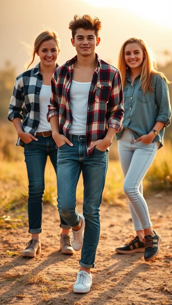 Three teenagers in plaid shirts and jeans smiling and standing outdoors