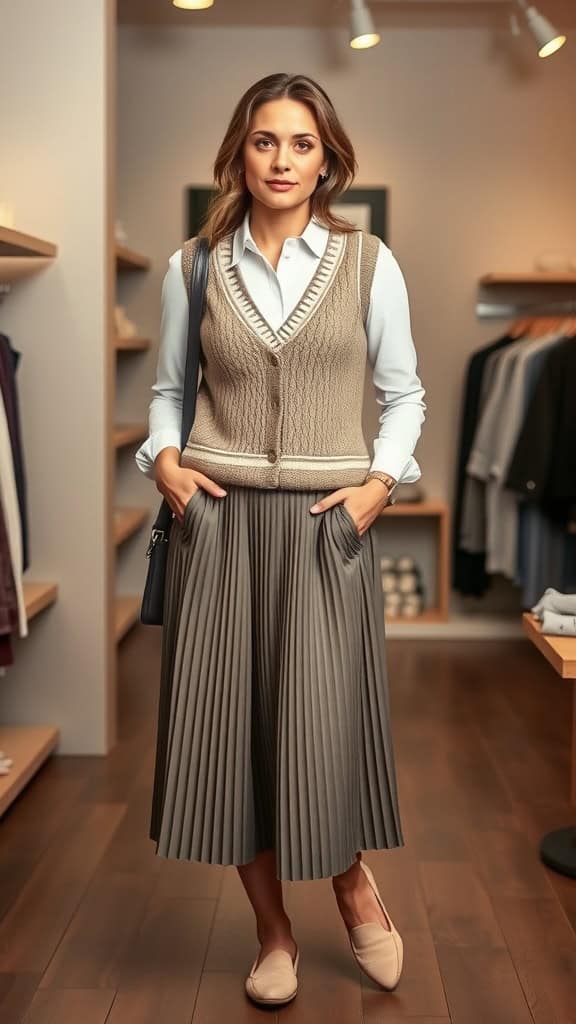 A woman stands in a modern store wearing a pleated skirt, sweater vest, and button-up shirt.