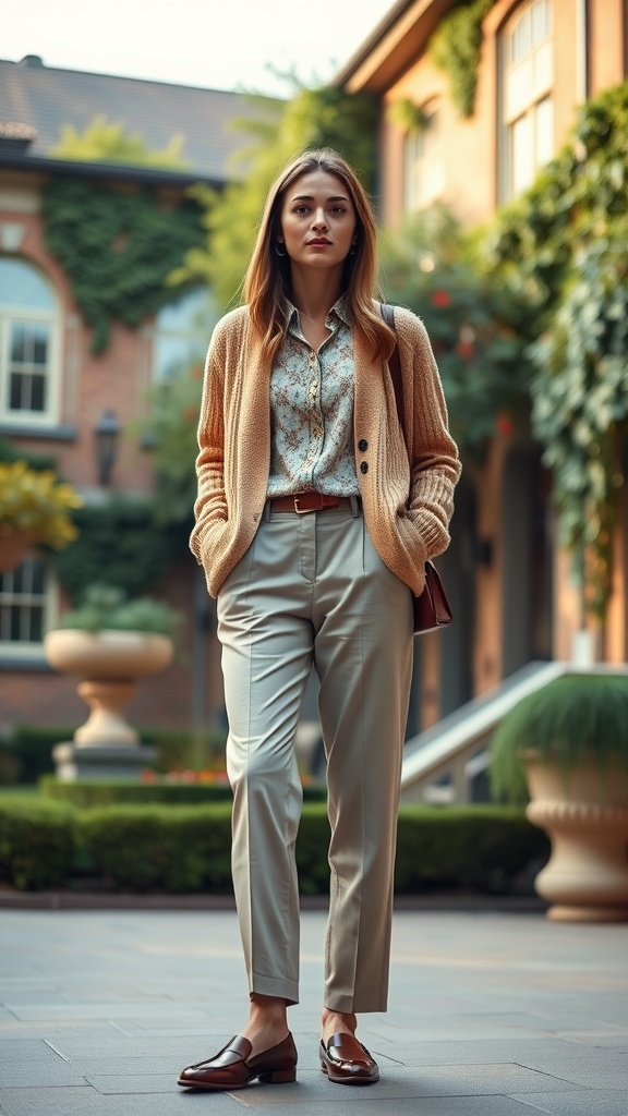 A woman wearing a beige cardigan, patterned blouse, and beige trousers, standing in a garden setting.