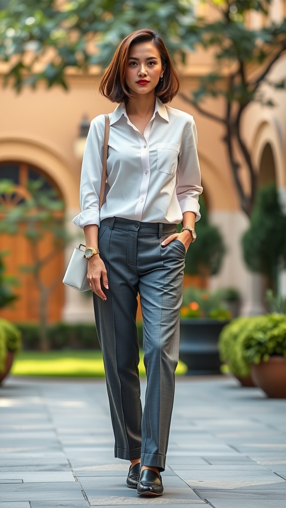 A woman wearing a white collared shirt and gray pants, standing confidently outdoors.