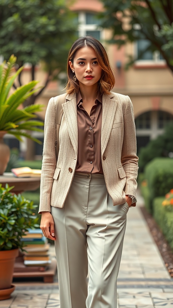 A woman in a beige tweed blazer with a silk brown shirt and light-colored trousers, standing in an outdoor setting with greenery.