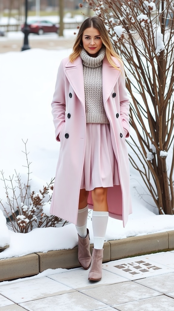 A stylish woman wearing a layered winter outfit with a cream turtleneck, a long coat, a pink pleated skirt, and ankle boots, standing outdoors in a snowy setting.