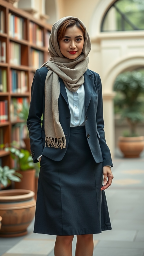 A woman in a navy blazer and skirt with a light blue blouse and a beige scarf, standing in a library.