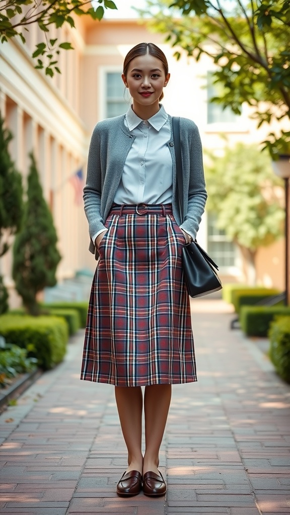 A woman in a preppy modest outfit featuring a white shirt, grey cardigan, and plaid skirt, standing in a scenic outdoor setting.