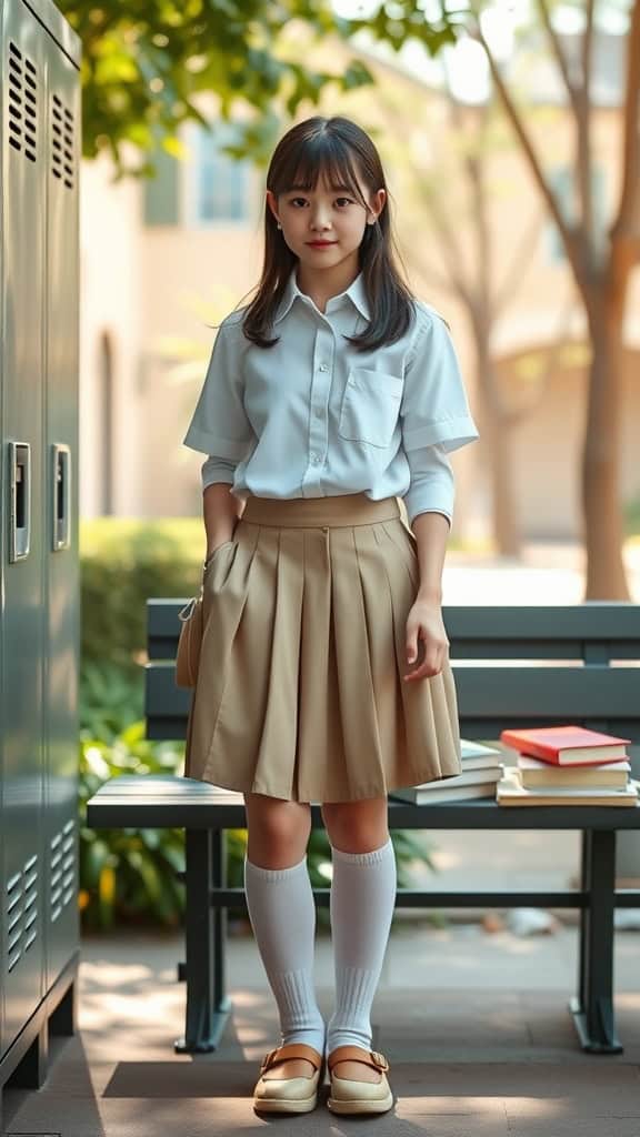 A young girl wearing a white button-up shirt with a pleated skirt and knee-high socks, standing outside a school.