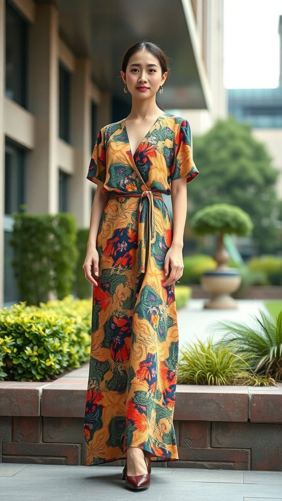 A woman in a printed maxi dress standing outdoors, showcasing modern modest fashion.