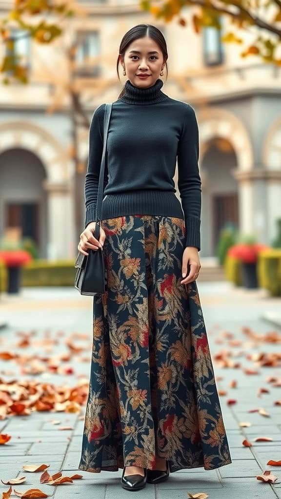 A woman wearing a printed maxi skirt and a knit turtleneck in a stylish outdoor setting.