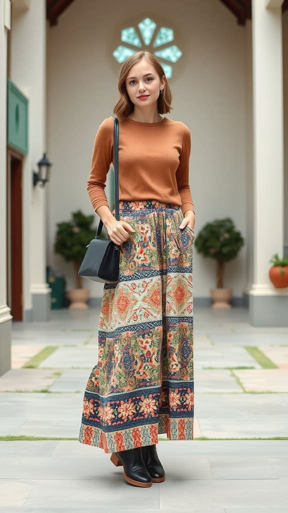 A woman wearing a bold patterned maxi skirt and a solid-colored blouse, standing in a stylish setting.