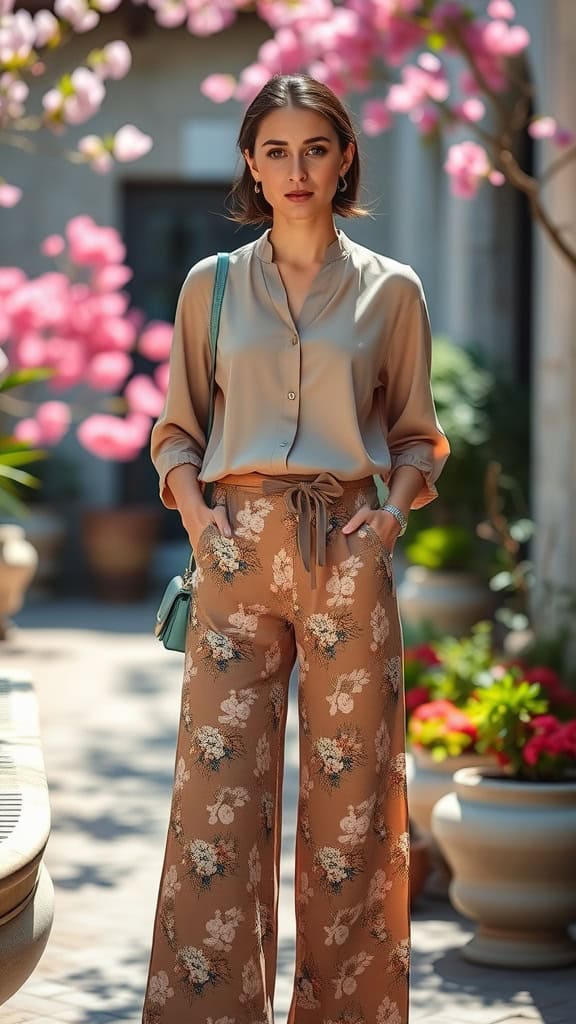 A woman wearing printed palazzo pants and a solid blouse, standing in a floral setting.