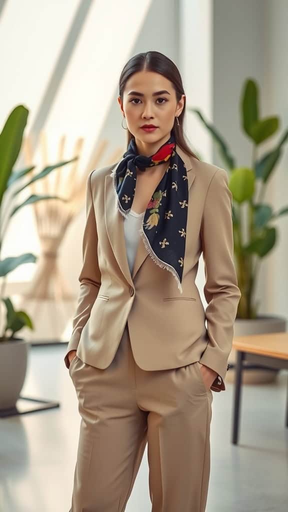 A woman wearing a beige suit and a printed scarf, posing confidently in a modern office environment.