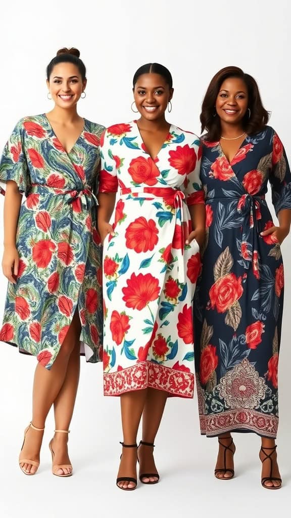 Three printed wrap dresses displayed on mannequins, showcasing vibrant floral patterns.