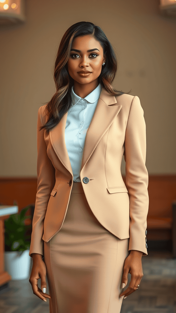 A professional church suit set displayed on a mannequin, featuring a matching blazer and satin skirt with a crisp button-down shirt.