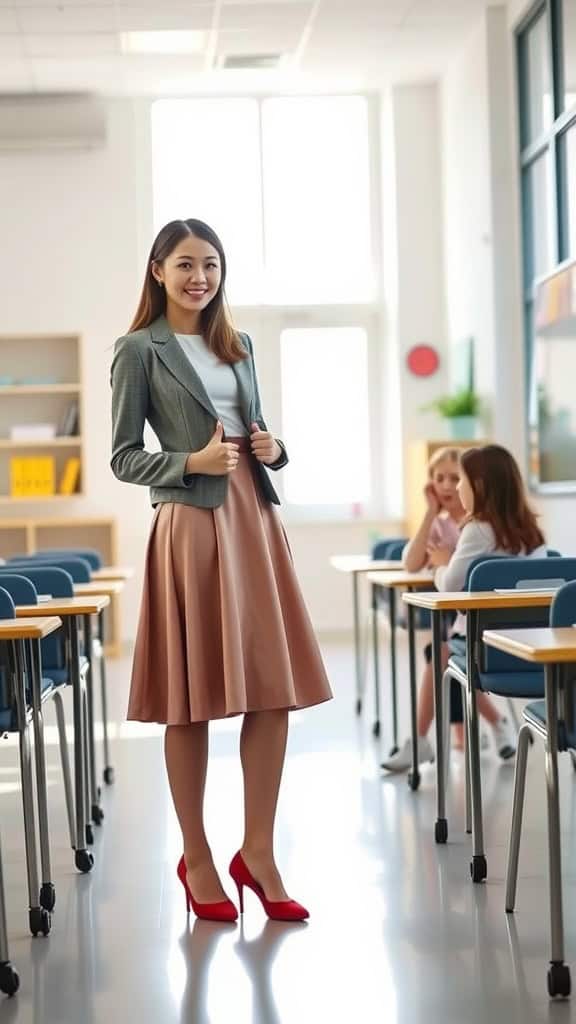 A woman wearing a tailored blazer and midi skirt, standing confidently with a notebook in her hand.