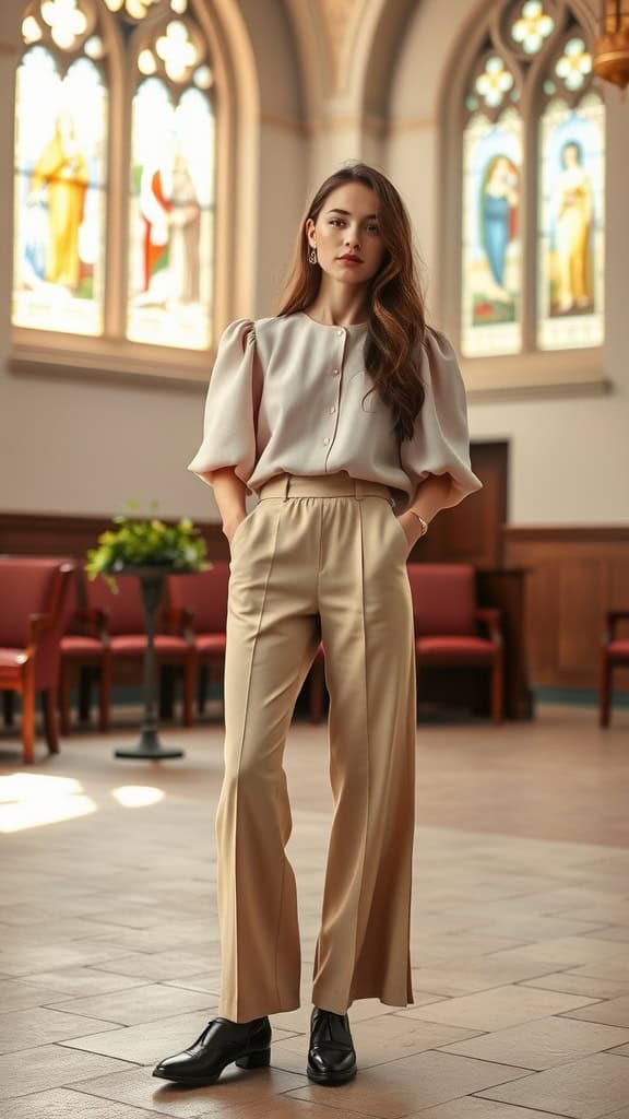 A woman wearing a puff sleeve blouse and wide-leg pants, standing in a church interior with stained glass windows.