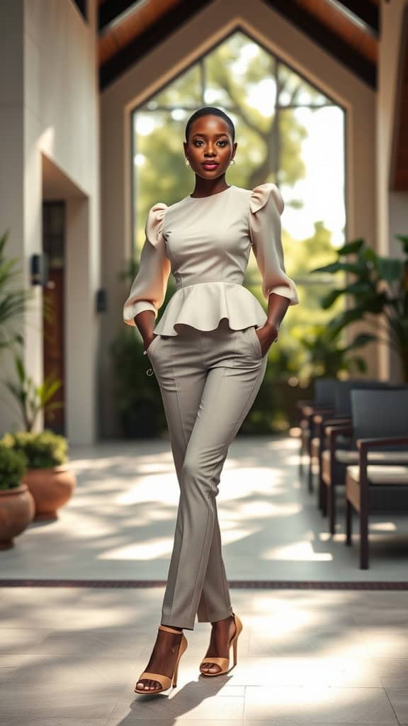 Black woman in a chic puffed sleeve peplum top and tailored trousers, standing elegantly indoors with a modern backdrop.