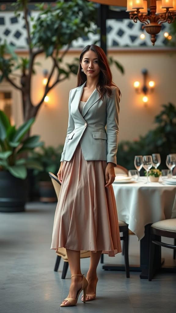 A woman stands confidently in a fitted blazer and midi skirt, showcasing an elegant outfit perfect for a dinner setting.