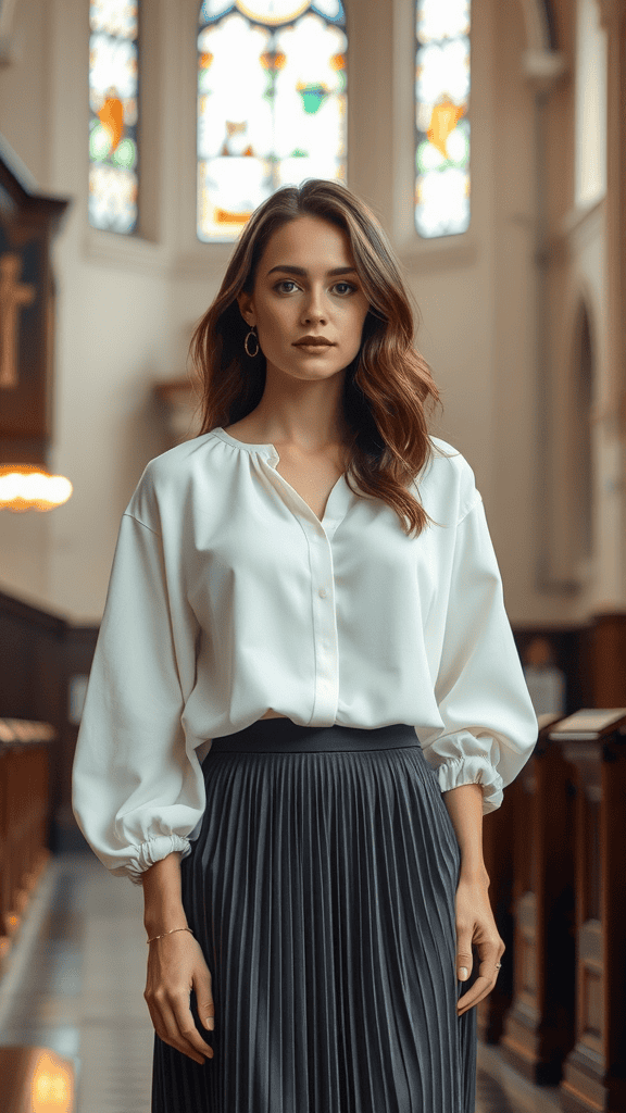 A relaxed blouse paired with a pleated skirt displayed in a church setting, showcasing a feminine and modest style.