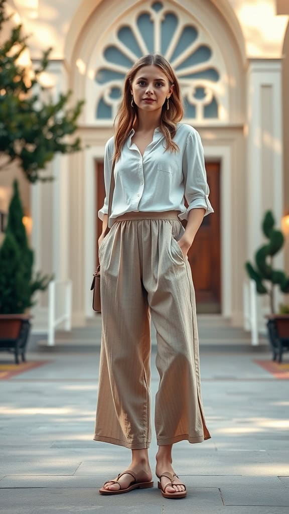 A woman wearing beige culottes, a white tucked blouse, and strappy sandals, standing in front of an elegant building.