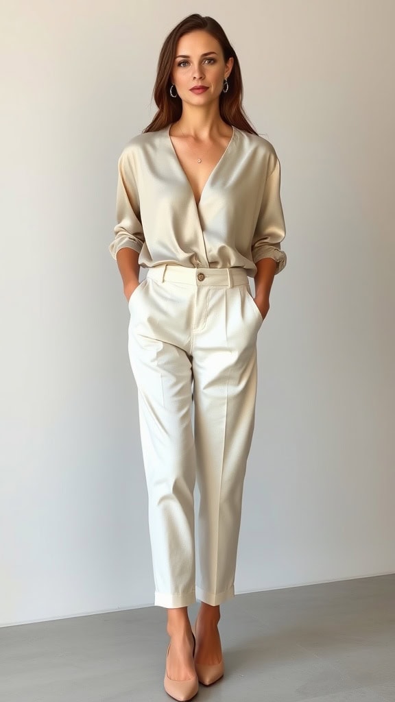 A woman in a silk top and linen trousers, paired with block heels and a handbag, surrounded by greenery.