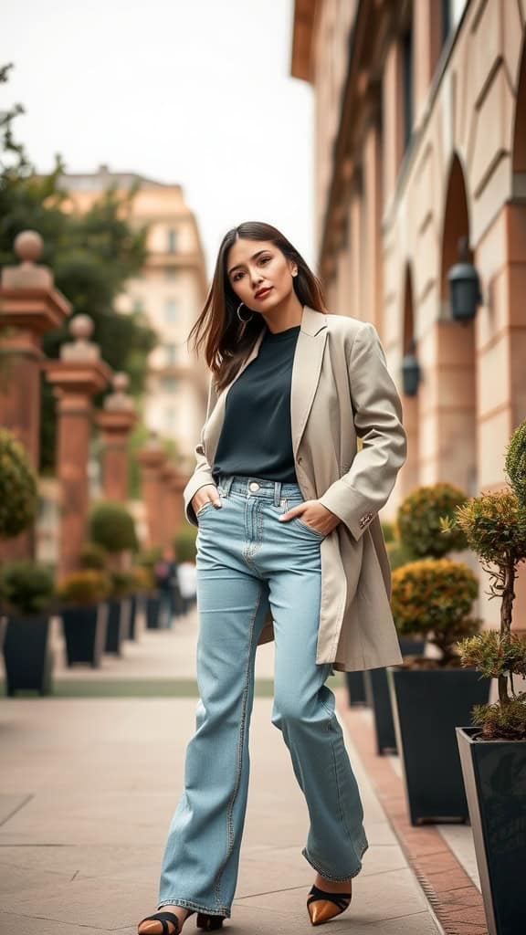 A person wearing relaxed fit jeans and a longline blazer in an urban setting.