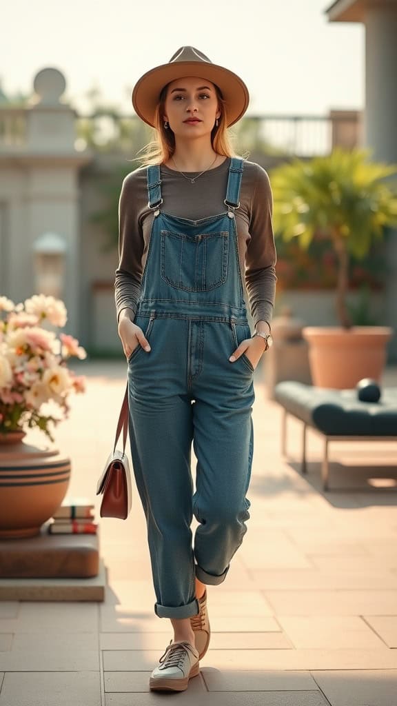 Woman wearing relaxed fit overalls with a long-sleeve tee and a hat, walking through a sunny area.