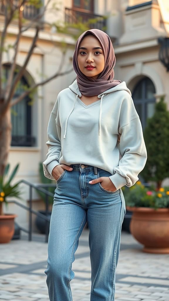 A woman wearing a light-colored hoodie and high-waisted jeans, standing casually outdoors.