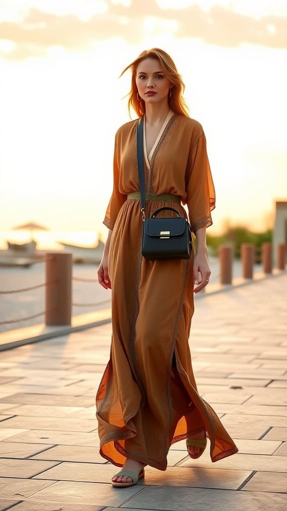 A woman wearing a relaxed maxi kaftan with sandals and a crossbody bag, walking during sunset.