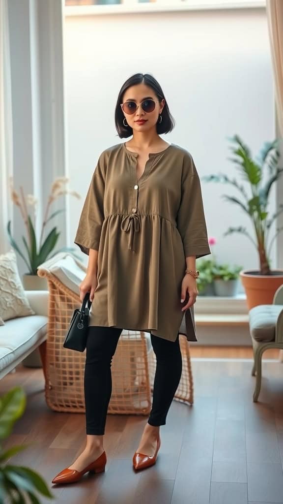 A woman in a relaxed tunic and leggings, styled for a smart casual look with pointed-toe flats.