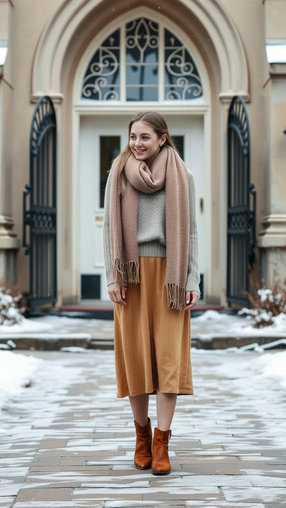 A woman in a cozy knit top and midi skirt, standing outside a church, wearing a warm scarf and brown ankle boots.