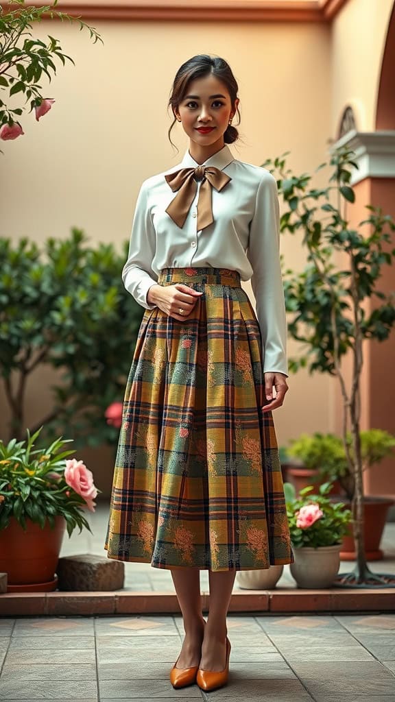 A woman wearing a chic modest outfit with a plaid A-line skirt, bow blouse, and kitten heels.