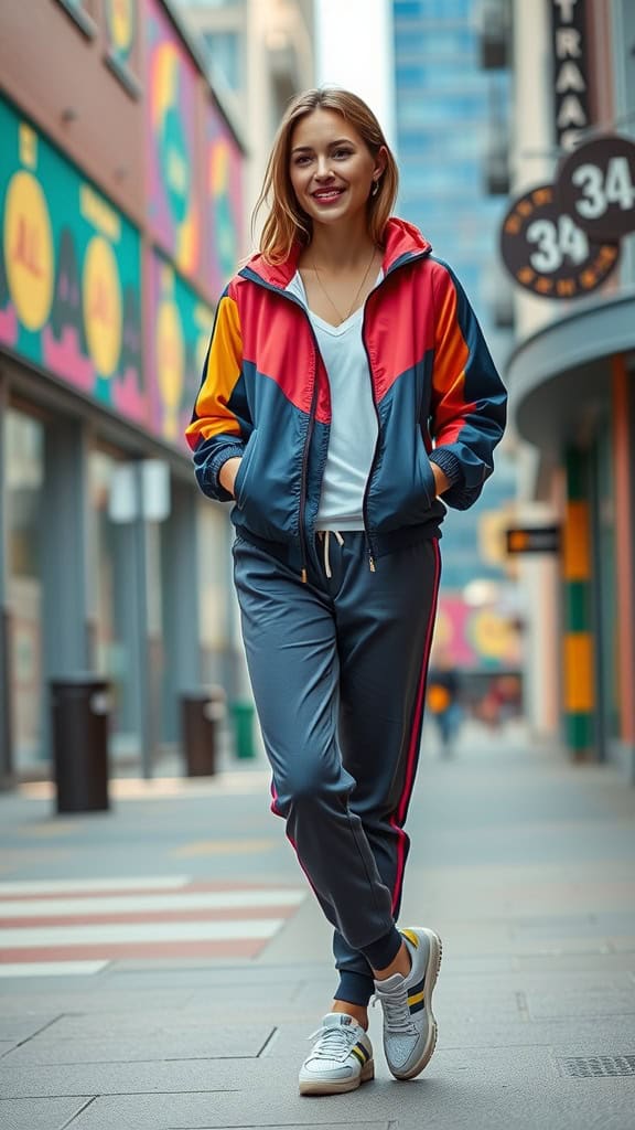 A woman wearing a colorful zip-up windbreaker with tapered joggers and vintage sneakers, standing in a vibrant outdoor setting.