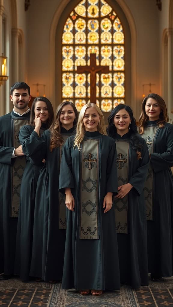 A group of choir members wearing embroidered cross robes in a church setting.