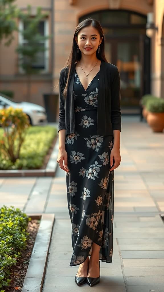 A woman wearing a black floral dress with a cropped cardigan and flats, standing outdoors.