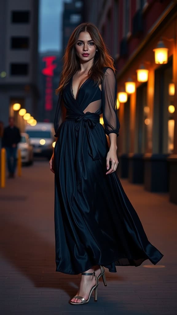 A woman wearing a lace dress with a cape coat and pearl earrings, exuding a romantic dark feminine style.