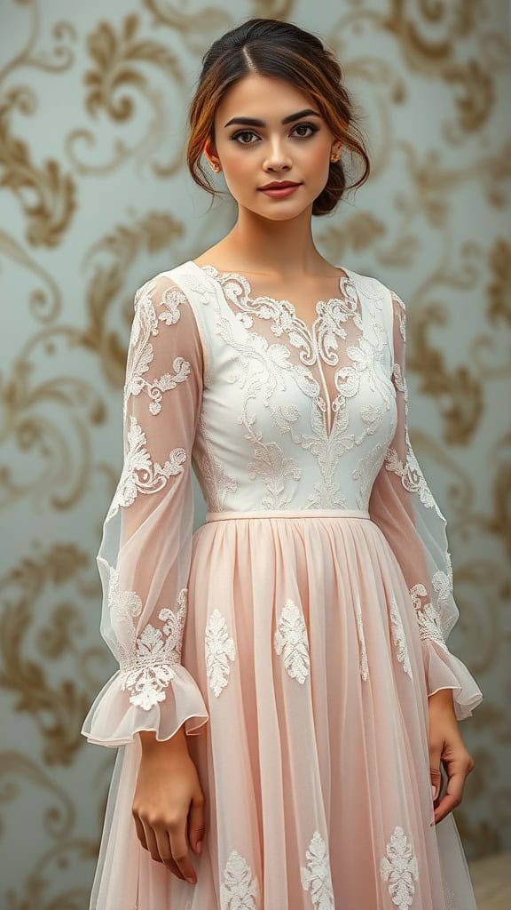 A model wearing a lace-trimmed long dress with flowing fabric, standing in front of other dresses on hangers.