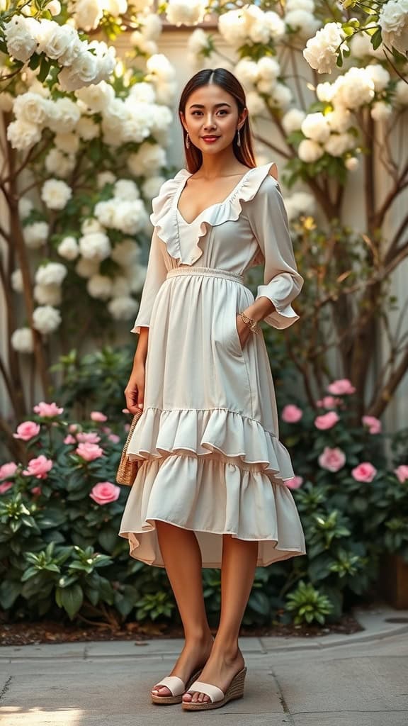 A woman wearing a ruffled midi dress and espadrille wedges, standing among blooming flowers in a garden.