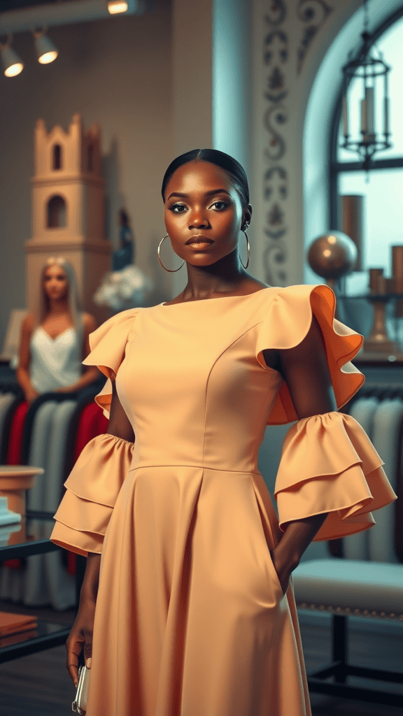 A ruffled sleeve A-line dress displayed on a mannequin, showcasing its elegant style and fit.